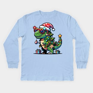 Tree-Rex Holiday Dinosaur - Christmas Tree T-Rex TreeRex Pun with Santa Hat, Lights and Ornaments Kids Long Sleeve T-Shirt